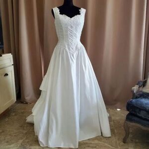 Formal Cathedral Train sleeveless A-line satin embroidered, ruffled bridal dress
